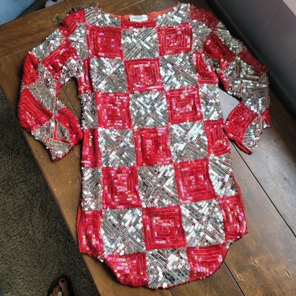 Vintage Dominque 100% Silk Beaded Geometric Checkered Tunic sz S Red Silver